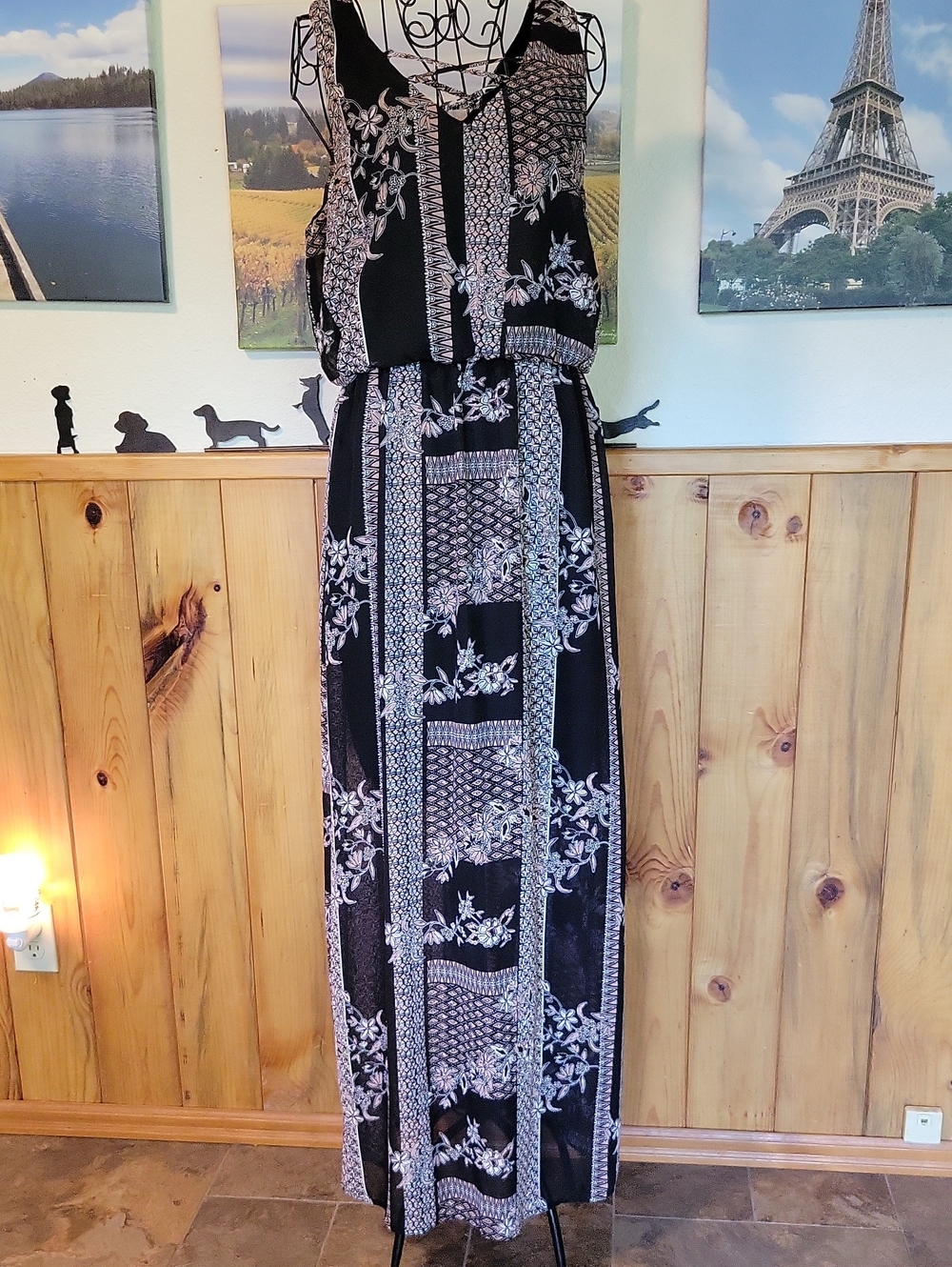 Maurices Black Maxi Dress with White Floral Panels
